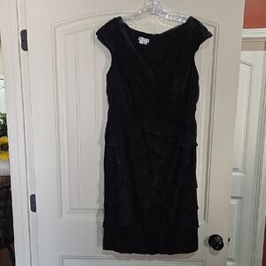 London Times Black Sheath Midi Dress with V-Neck